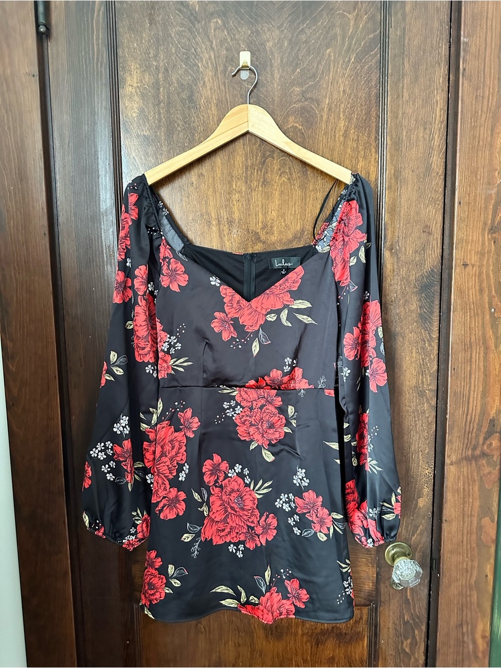 Lulu's Black Red Floral Long Sleeve Mini Dress with V-Neck